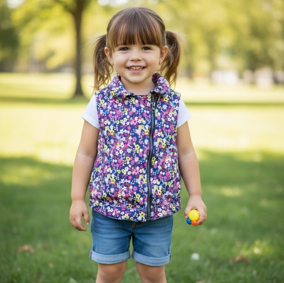 One Step Ahead Other - One Step Up Girls Blue Ditsy Collared Floral Denim Zip Up Vest Size 5/6- EUC
